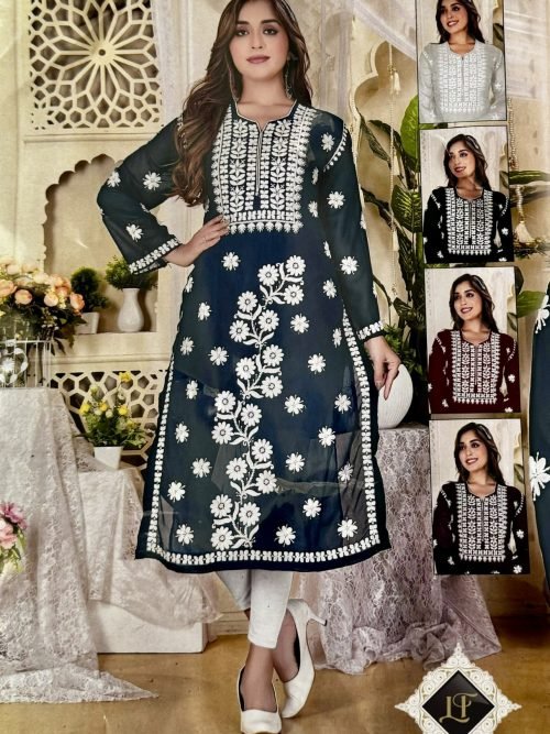 Georgette Chikankari Kurti with White 3D Embroidery - Blue, Wine, Black, Red