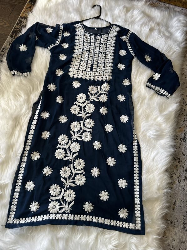 Georgette Chikankari Kurti with White 3D Embroidery - Blue, Wine, Black, Red