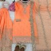 Pure Georgette 3Pc Gharara Suit - Orange with Golden Embroidery