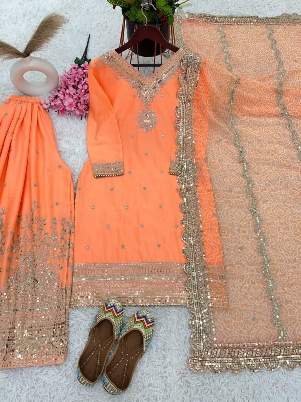 Pure Georgette 3Pc Gharara Suit - Orange with Golden Embroidery