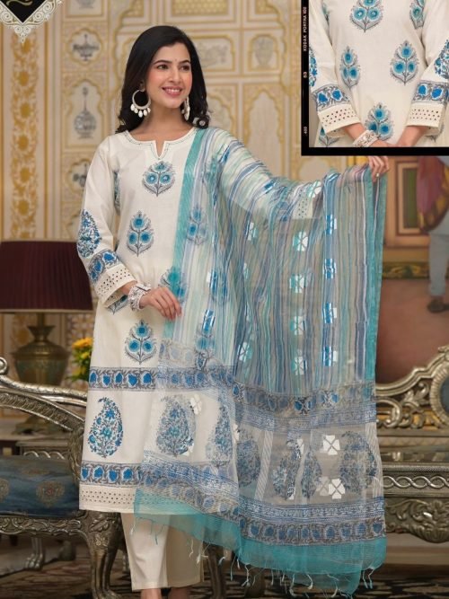 ad3f5aeb-299a-4dfe-b29b-2d8f10e345d9 Cotton Aline Print Suit - 3Pc - White with Peacock Blue Feather Print