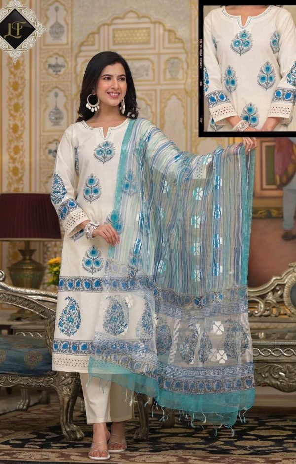 Cotton Aline Print Suit - 3Pc - White with Peacock Blue Feather Print