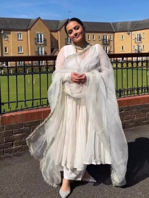 Chinnon Silk Anarkali Aliya Cut Style with Pants & Georgette Dupatta - 3Pc - White (Tapsee Pannu)