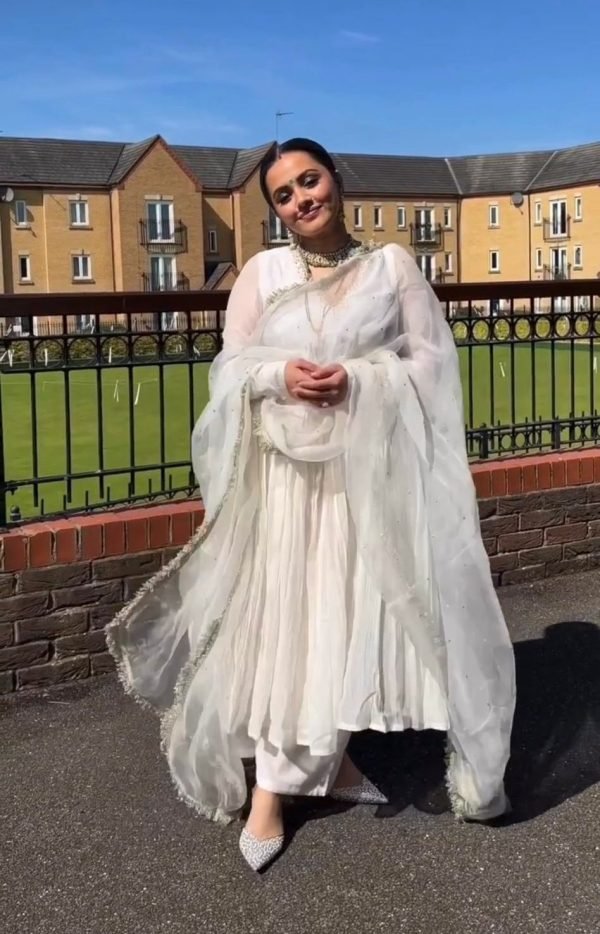 Chinnon Silk Anarkali Aliya Cut Style with Pants & Georgette Dupatta - 3Pc - White (Tapsee Pannu)