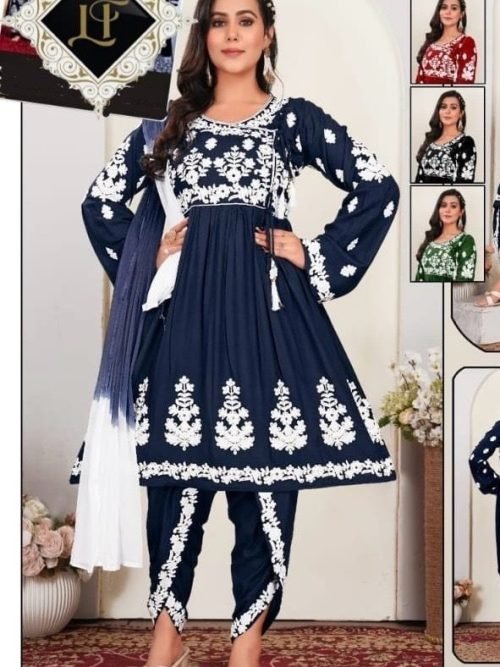 Short Frock and Tulip Pant Suit - 3Pc - Blue, Black, Red, Wine