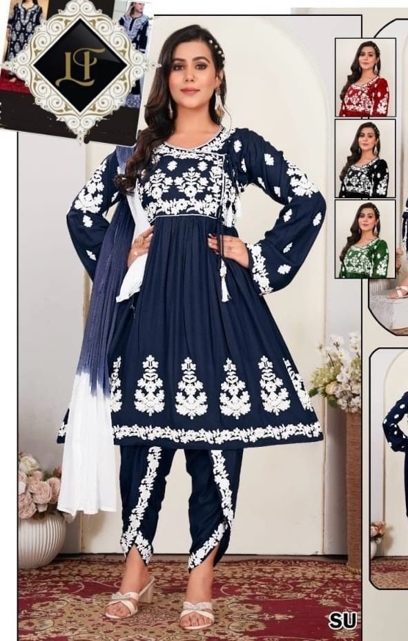 Short Frock and Tulip Pant Suit - 3Pc - Blue, Black, Red, Wine