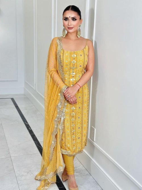 Georgette 3Pc Sleeveless Suit - Kurti, Pant & Dupatta - Mustard