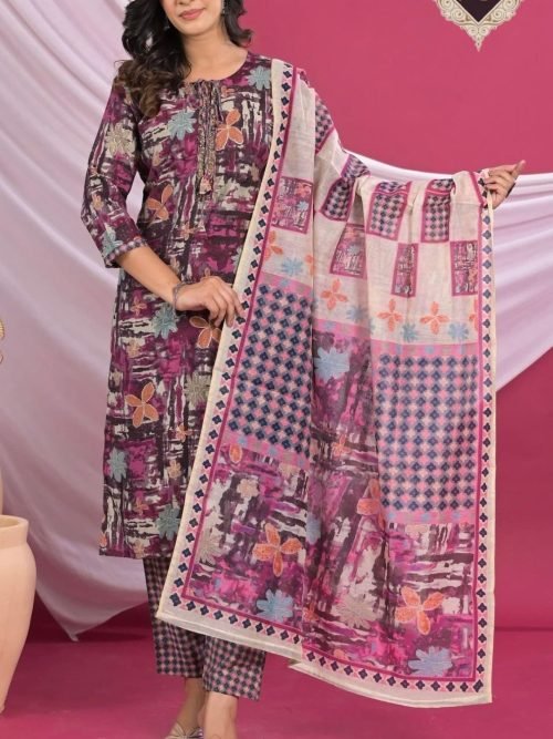 Glace Cotton Print Suit - 3Pc - Purple Multicolored