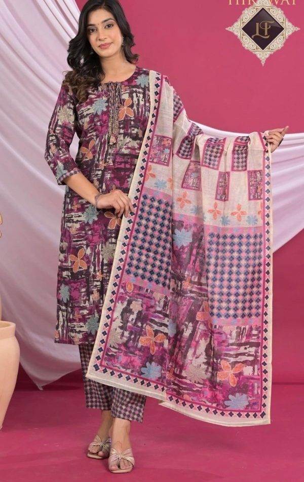 Glace Cotton Print Suit - 3Pc - Purple Multicolored