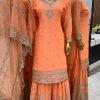 Pure Georgette 3Pc Gharara Suit - Orange with Golden Embroidery