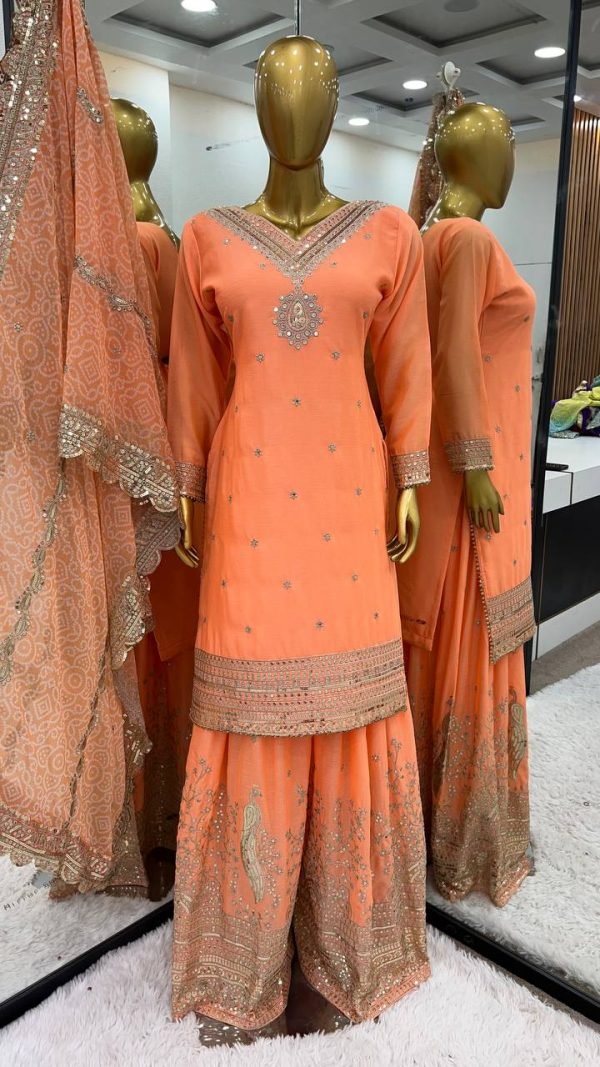 Pure Georgette 3Pc Gharara Suit - Orange with Golden Embroidery