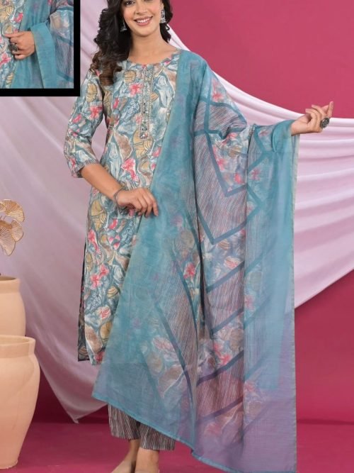 Glace Cotton Print Suit - 3Pc - Multicolored