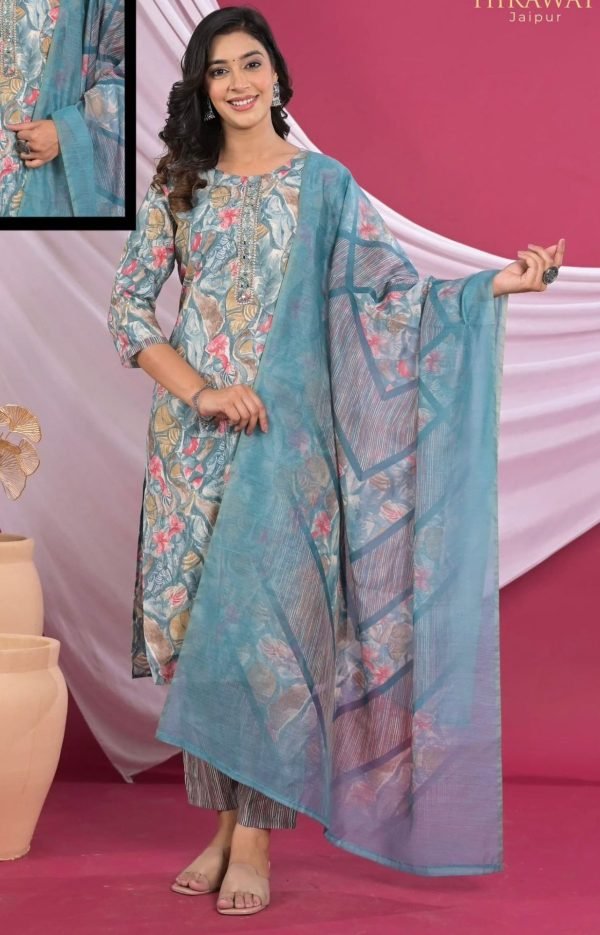 Glace Cotton Print Suit - 3Pc - Multicolored