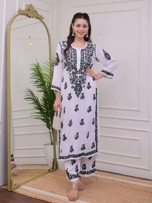 Premium Modal 2 Pc Kurti and Plazo Signature Set - Black on White