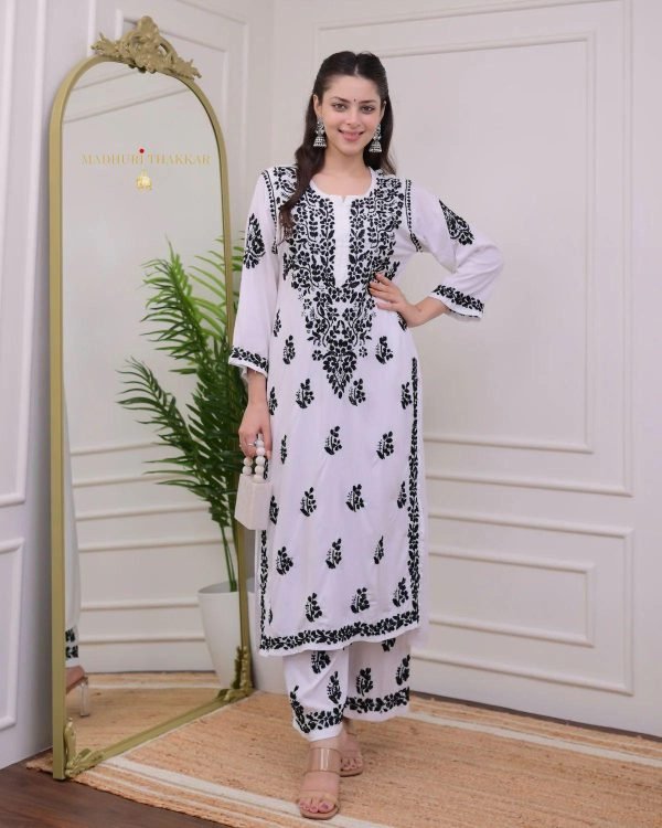 Premium Modal 2 Pc Kurti and Plazo Signature Set - Black on White