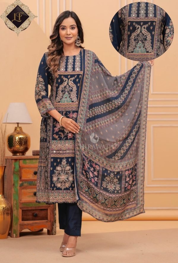 Digital Print Pure Crepe Suit - 3 Pc - Navy Blue