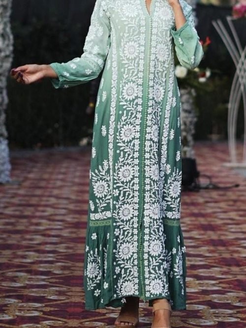 Muslin Chikankari Anchor Thread Work Aline Dress - Sage Green