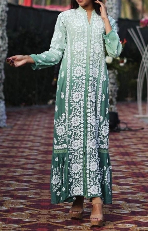 ef4fd10e-4dff-425a-9375-7d99eb6c2ec7 Muslin Chikankari Anchor Thread Work Aline Dress - Sage Green