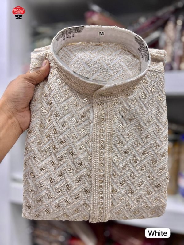 Mens Chikankari Sequence Work Kurta with White Pajama - 2Pc
