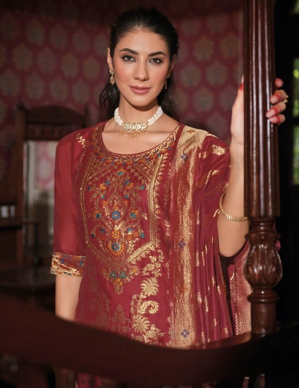 Banarasi Silk Straight Designer Suit with Golden Work - 3Pc
