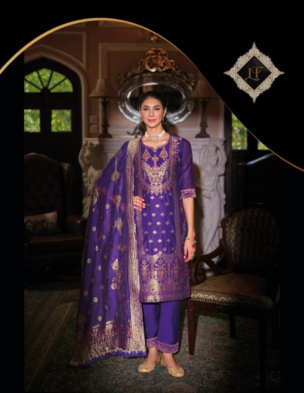 Banarasi Silk Straight Designer Suit with Golden Work - 3Pc