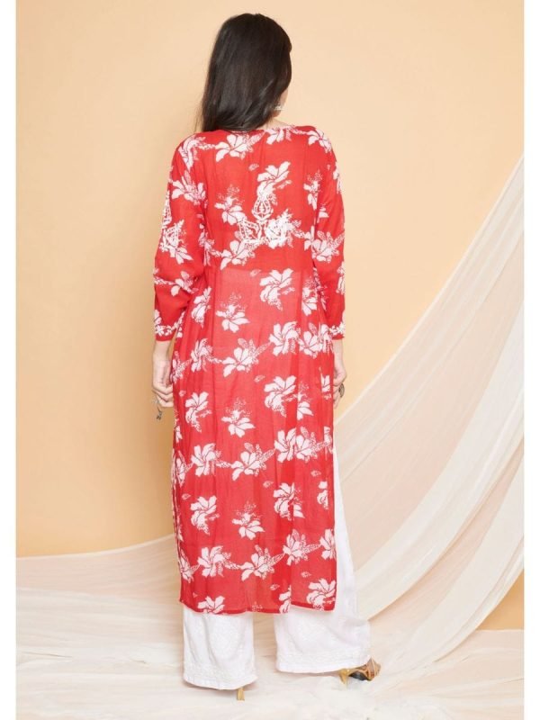 Mulmul Cotton Red Chikankari White Embroidery Kurti - Plus Size