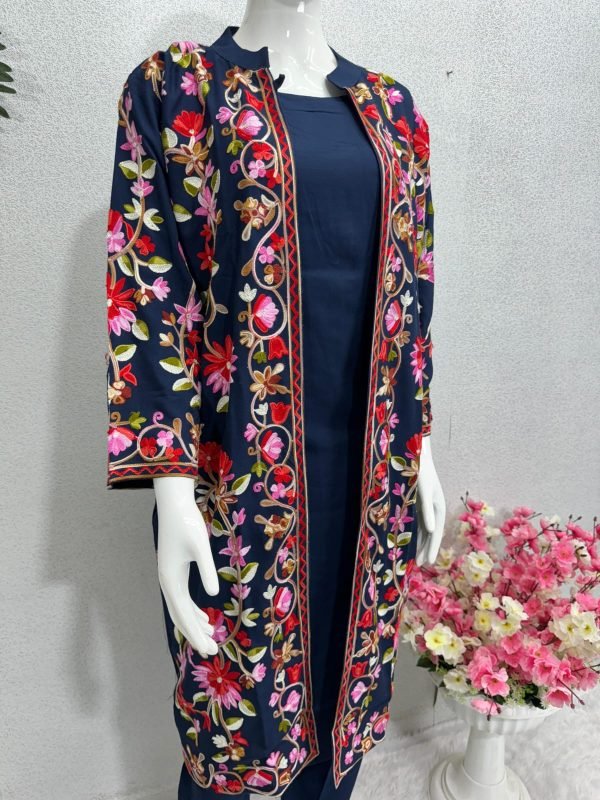 Kashmiri Embroidery Front Open Suit - 3Pc - Shrug, Inner and Pants