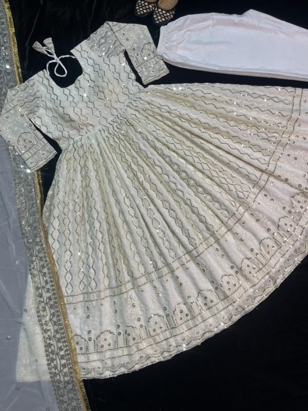 Premium Georgette Anarkali Suit with Golden Work - 3Pc - Ivory White