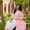Cotton Chikan Nyra Cut Suit with Pant & Pink Dupatta - 3Pc - White