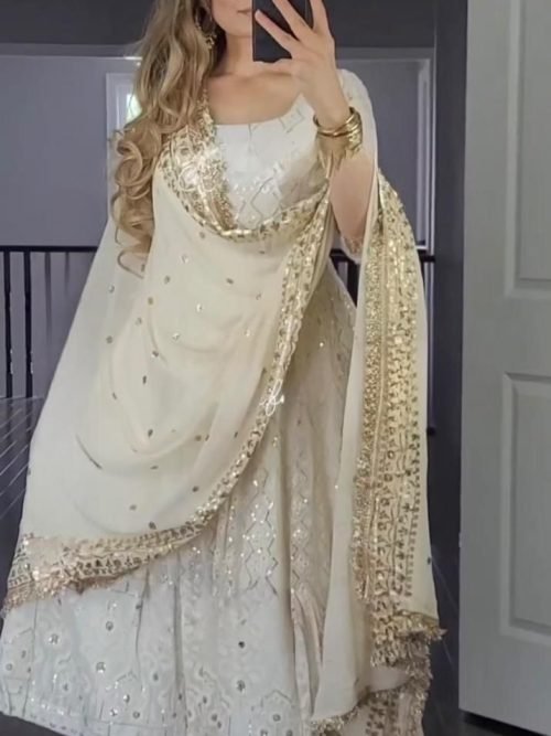 Premium Georgette Anarkali Suit with Golden Work - 3Pc - Ivory White