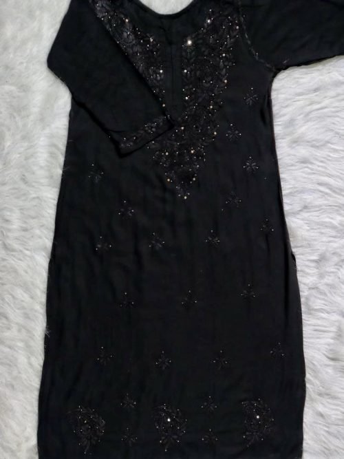 Black Modal Chikankari Kurti with Self Embroidery with Golden Mukesh work