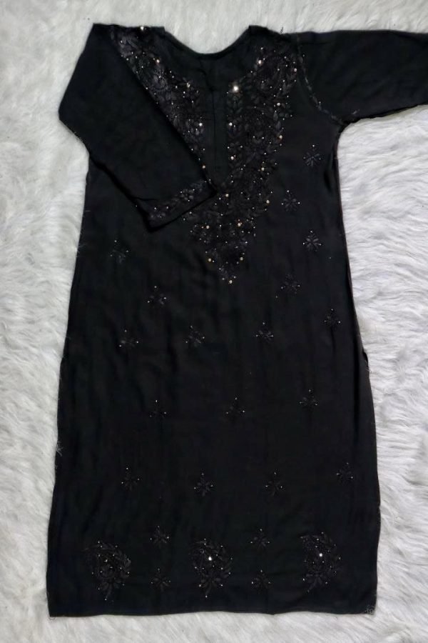 Black Modal Chikankari Kurti with Self Embroidery with Golden Mukesh work