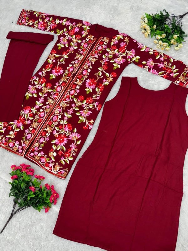 Kashmiri Embroidery Front Open Suit - 3Pc - Shrug, Inner and Pants
