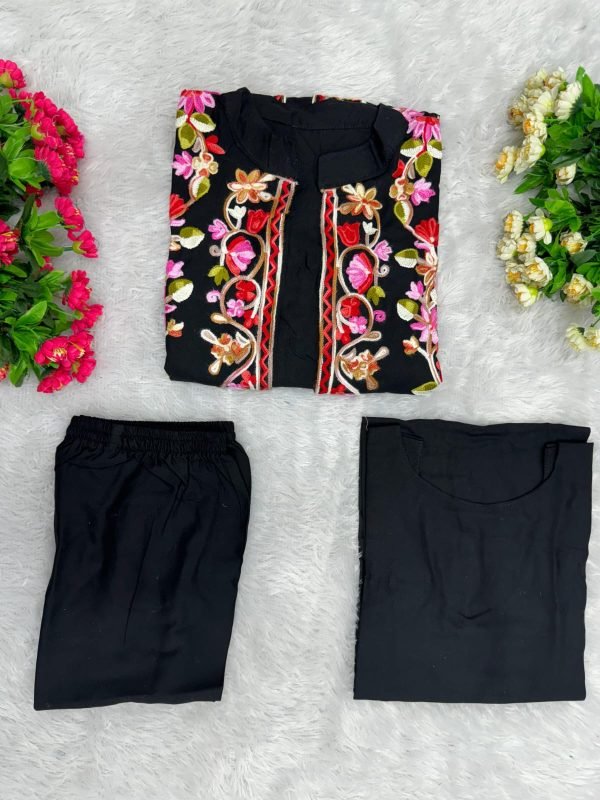 Kashmiri Embroidery Front Open Suit - 3Pc - Shrug, Inner and Pants