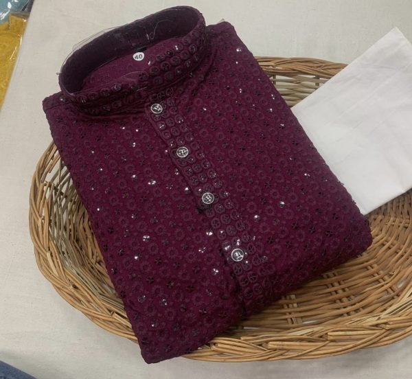 Mens Soft Flowy Reyon Chikankari Sequence work Kurta Pajama Sets - 2Pc - Plus Sizes