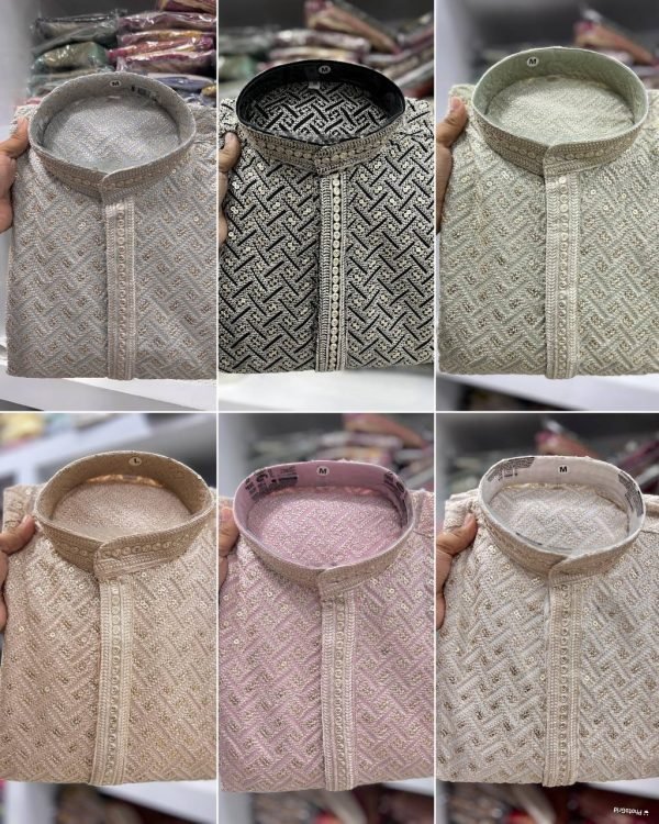 Mens Chikankari Sequence Work Kurta with White Pajama - 2Pc