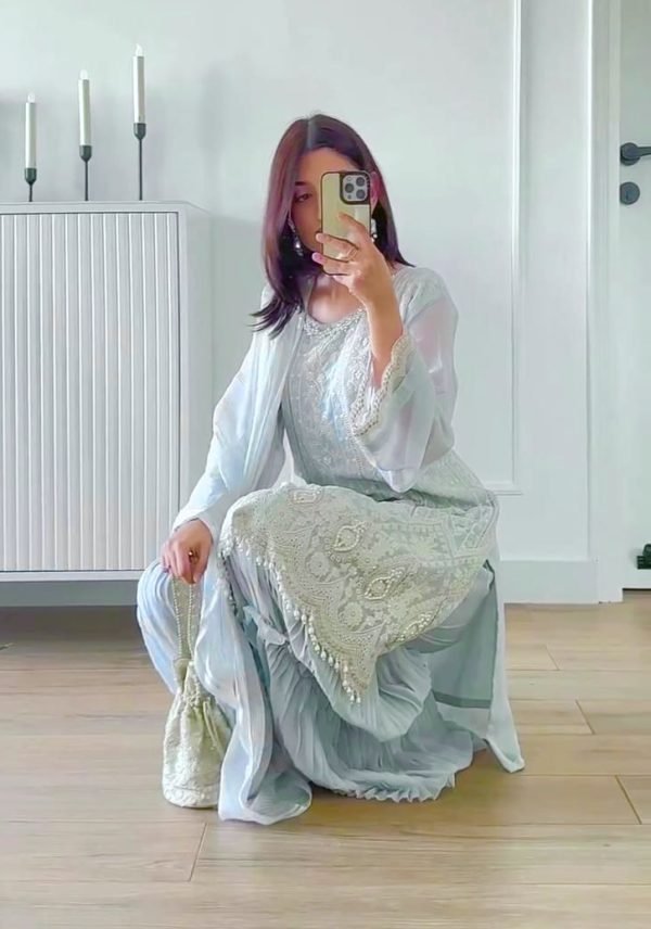 Georgette 3Pc Gharara Suit - Kurti, Gharara & Dupatta - Sky Blue