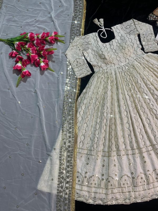 Premium Georgette Anarkali Suit with Golden Work - 3Pc - Ivory White