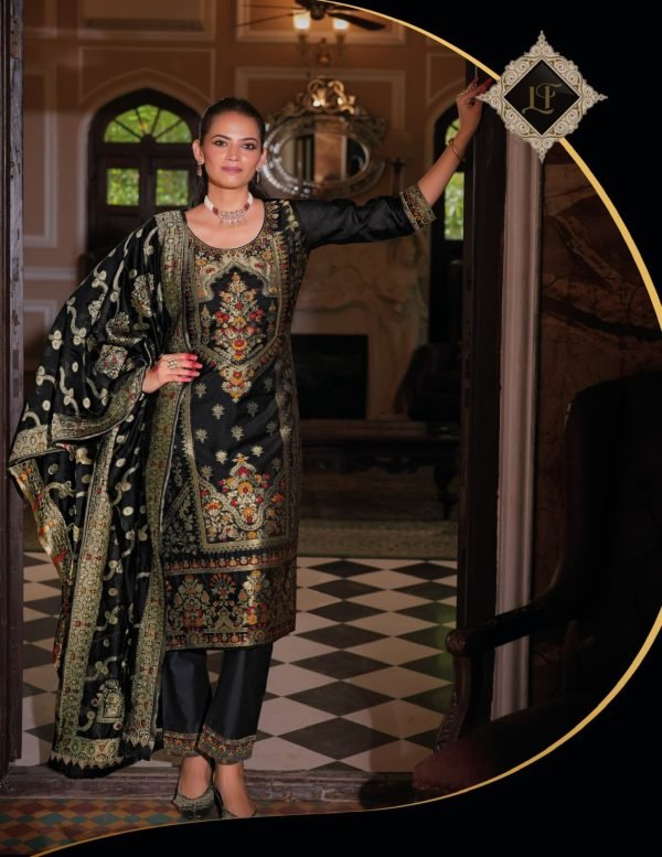 Banarasi Silk Straight Designer Suit with Golden Work - 3Pc