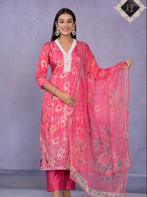 Digital Print Pure Crepe Suit - V Neck - 3 Pc - Pink