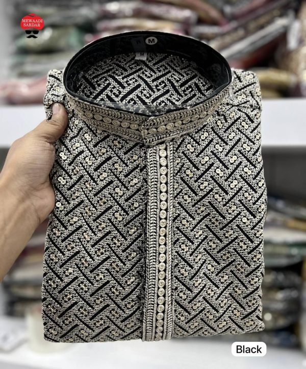 Mens Chikankari Sequence Work Kurta with White Pajama - 2Pc