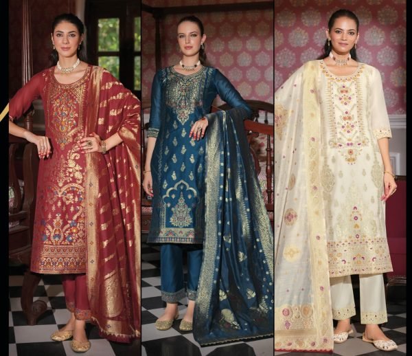 Banarasi Silk Straight Designer Suit with Golden Work - 3Pc