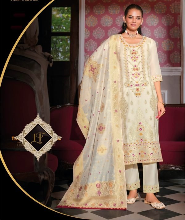 Banarasi Silk Straight Designer Suit with Golden Work - 3Pc
