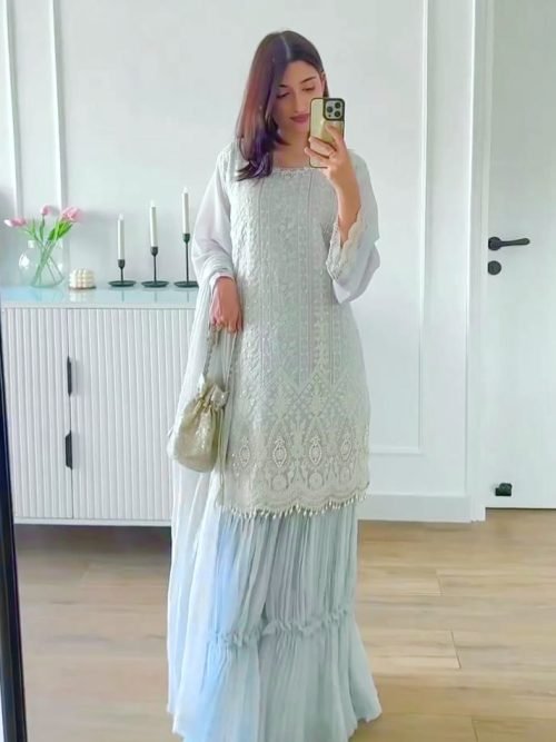 Georgette 3Pc Gharara Suit - Kurti, Gharara & Dupatta - Sky Blue