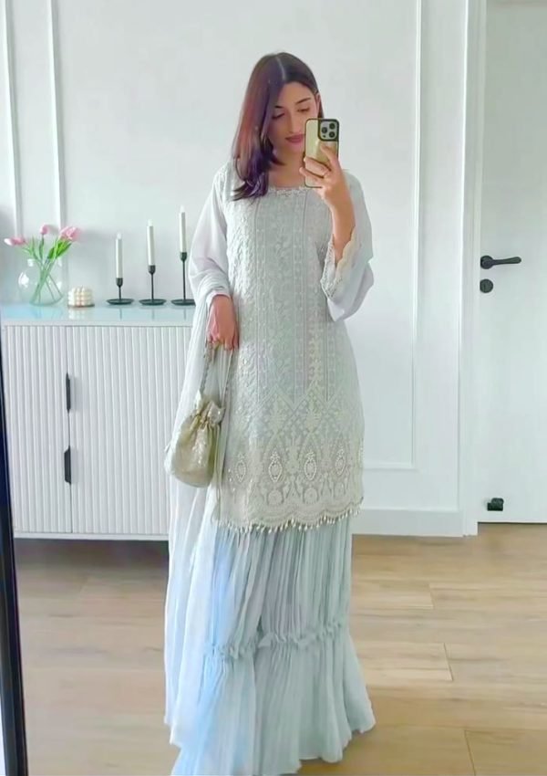 Georgette 3Pc Gharara Suit - Kurti, Gharara & Dupatta - Sky Blue