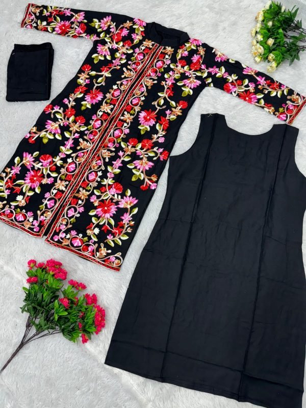 Kashmiri Embroidery Front Open Suit - 3Pc - Shrug, Inner and Pants