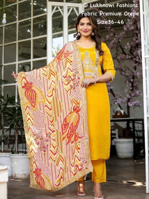 Digital Print Pure Crepe Suit - 3 Pc - Yellow