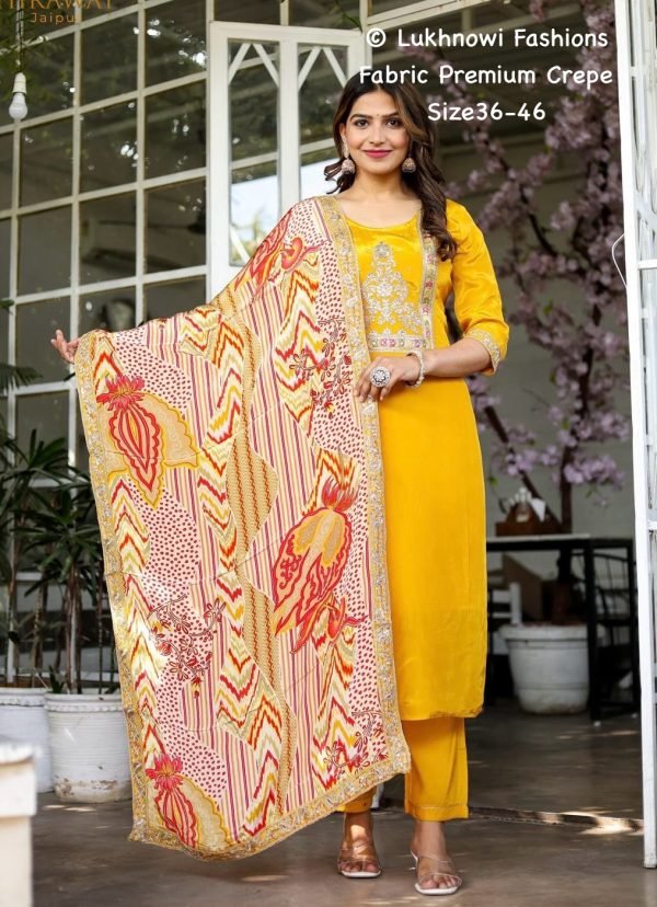 Digital Print Pure Crepe Suit - 3 Pc - Yellow