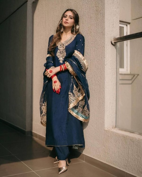 Chinnon Silk Straight Designer Suit with Golden Work - 3Pc - Navy and Black