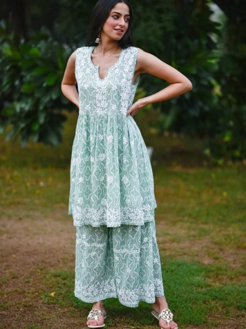 Mulmul Cotton Sleeveless Kurti and Gharara Set - 2Pc - Green and Yellow